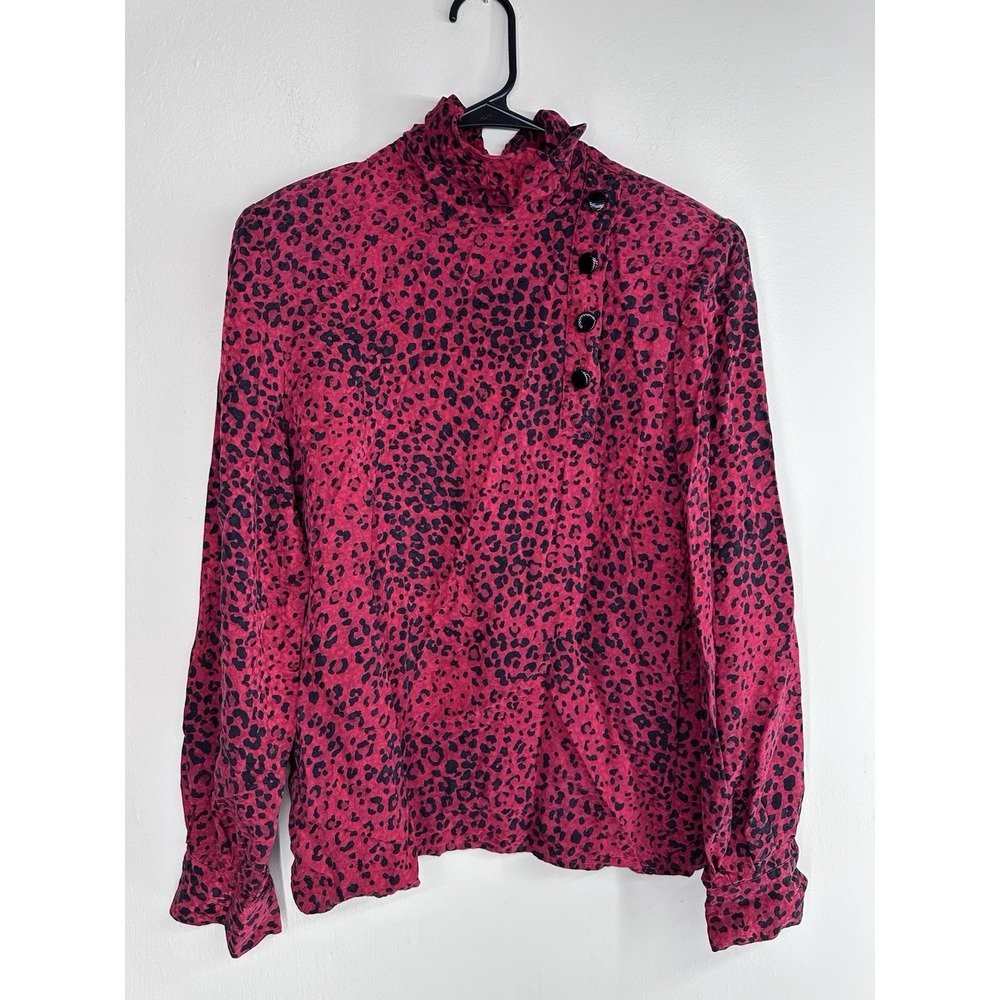 Vintage Carlisle Size 6 100% SILK Long Sleeve Blouse Red Leopard Animal Print